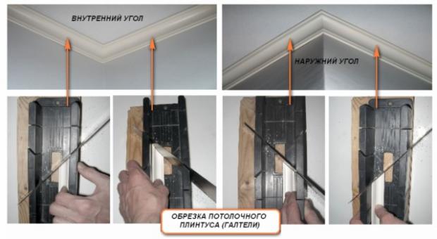 Как правильно срезать углы потолочного плинтуса